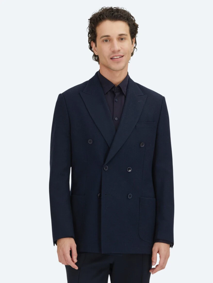 Lacivert Düz Modern Fit Yün Karışımlı Ceket - KİP