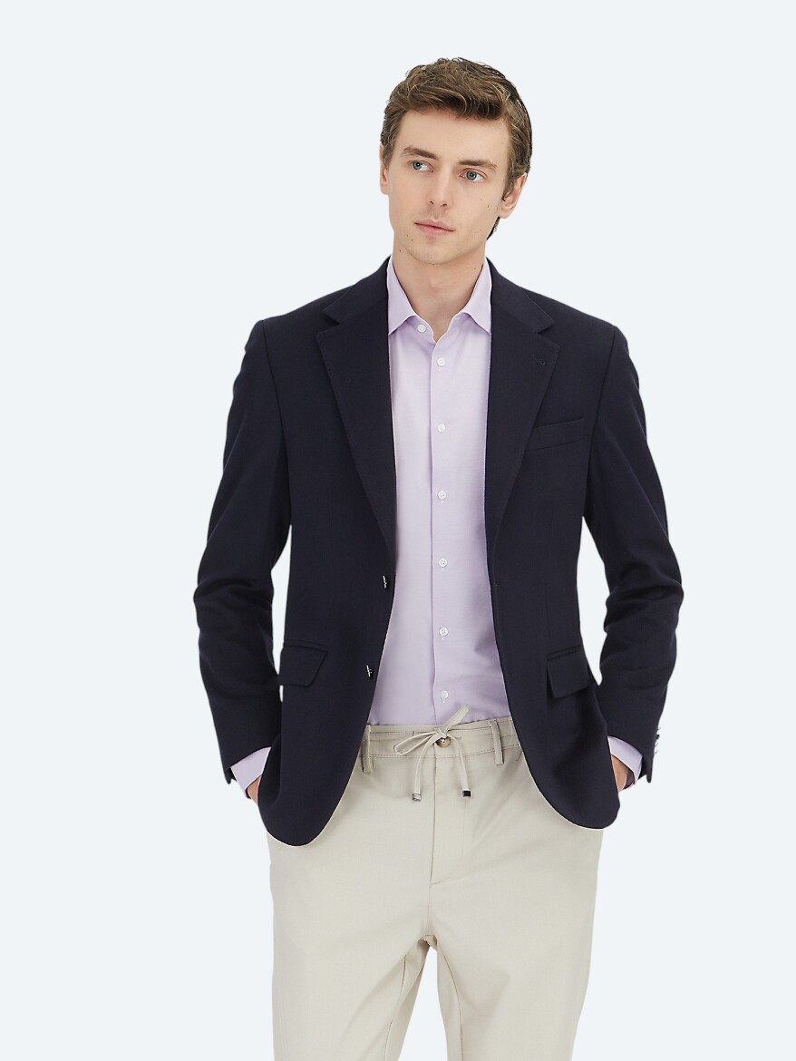 Lacivert Düz Modern Fit Yün Karışımlı Ceket - 1
