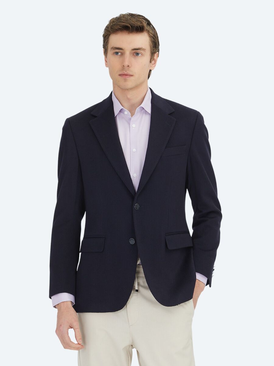 Lacivert Düz Modern Fit Yün Karışımlı Ceket - 4