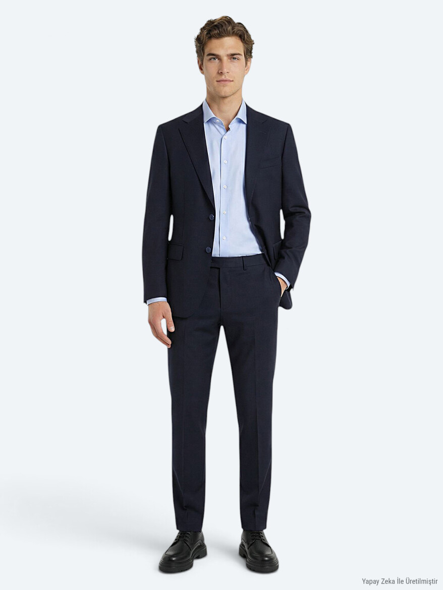Lacivert Düz Modern Fit Yün Karışımlı Takım Elbise - 3