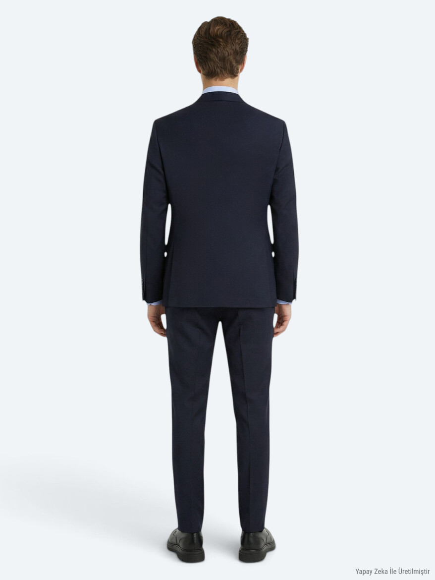 Lacivert Düz Modern Fit Yün Karışımlı Takım Elbise - 4