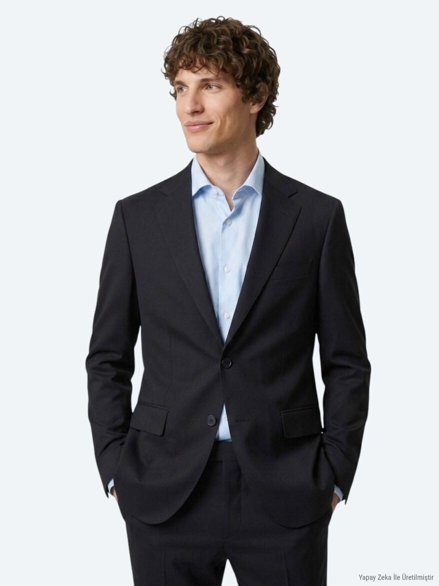 Lacivert Düz Modern Fit Yün Karışımlı Takım Elbise 