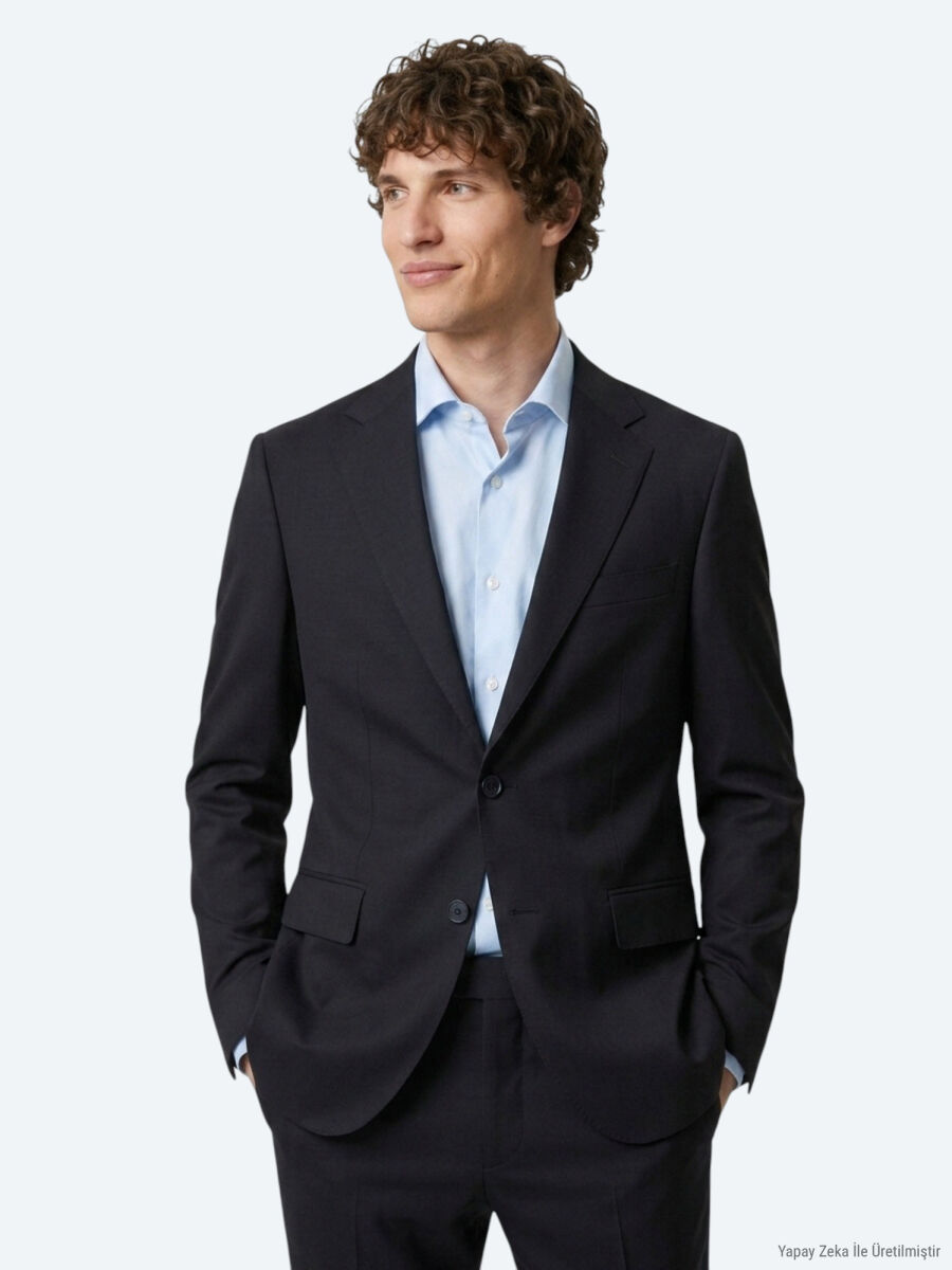 Lacivert Düz Modern Fit Yün Karışımlı Takım Elbise - 1