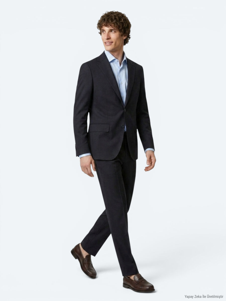Lacivert Düz Modern Fit Yün Karışımlı Takım Elbise - 2