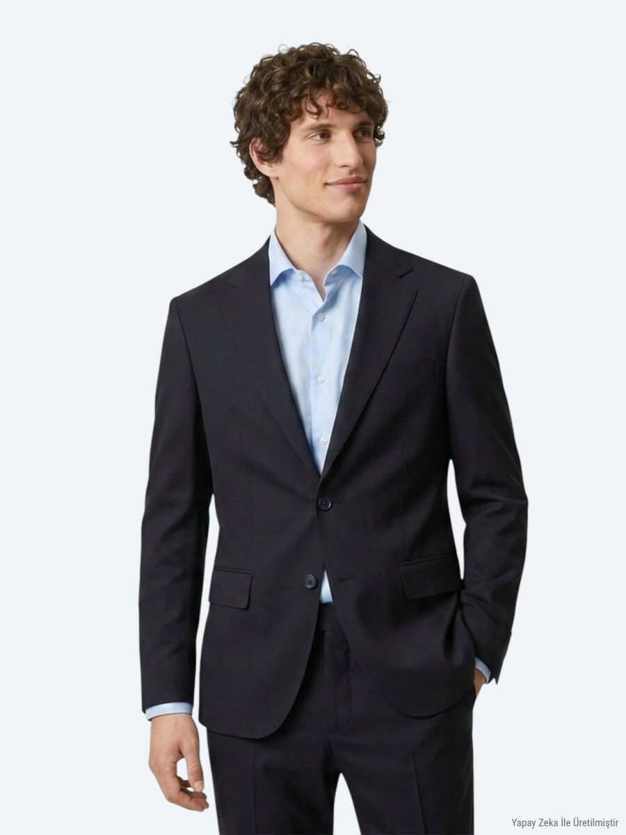 Lacivert Düz Modern Fit Yün Karışımlı Takım Elbise - 3
