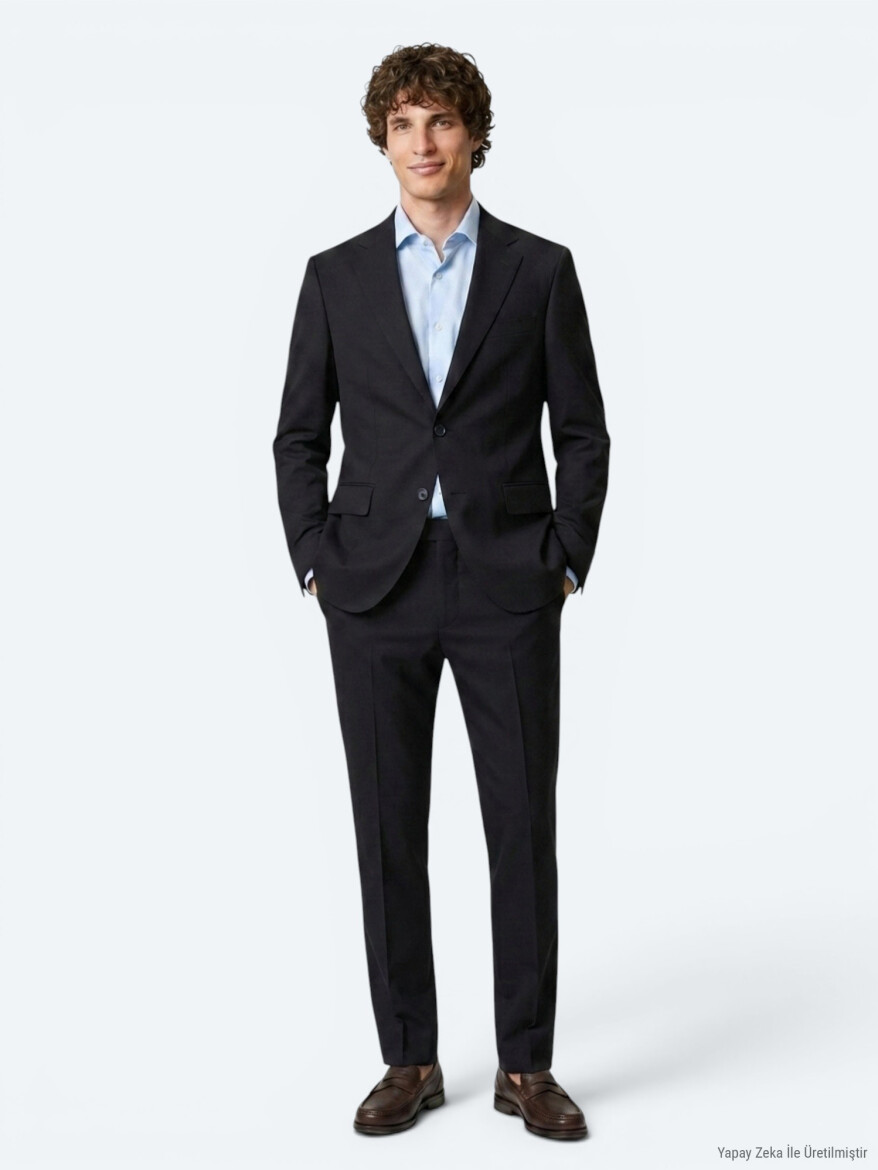 Lacivert Düz Modern Fit Yün Karışımlı Takım Elbise - 4