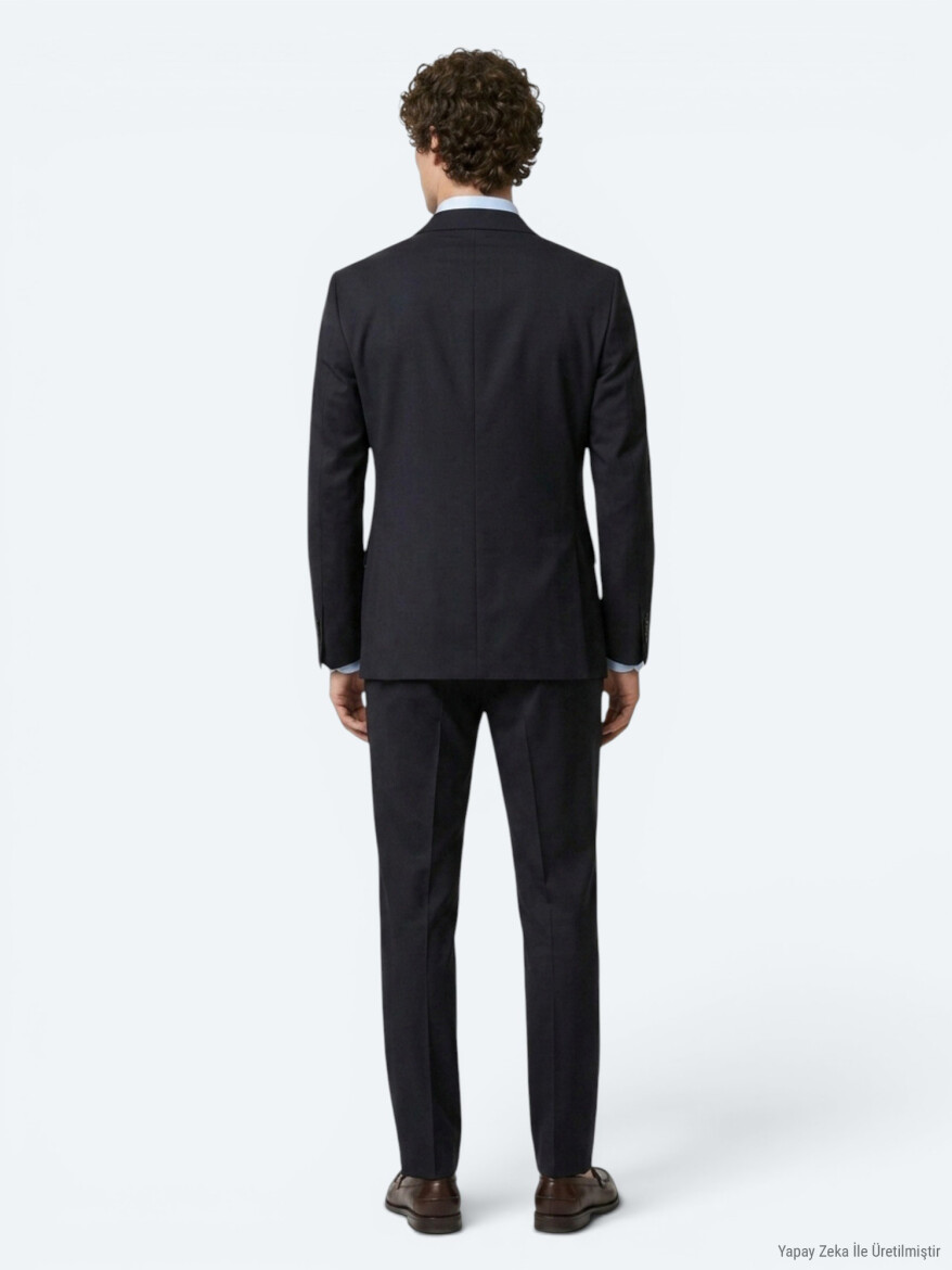 Lacivert Düz Modern Fit Yün Karışımlı Takım Elbise - 5