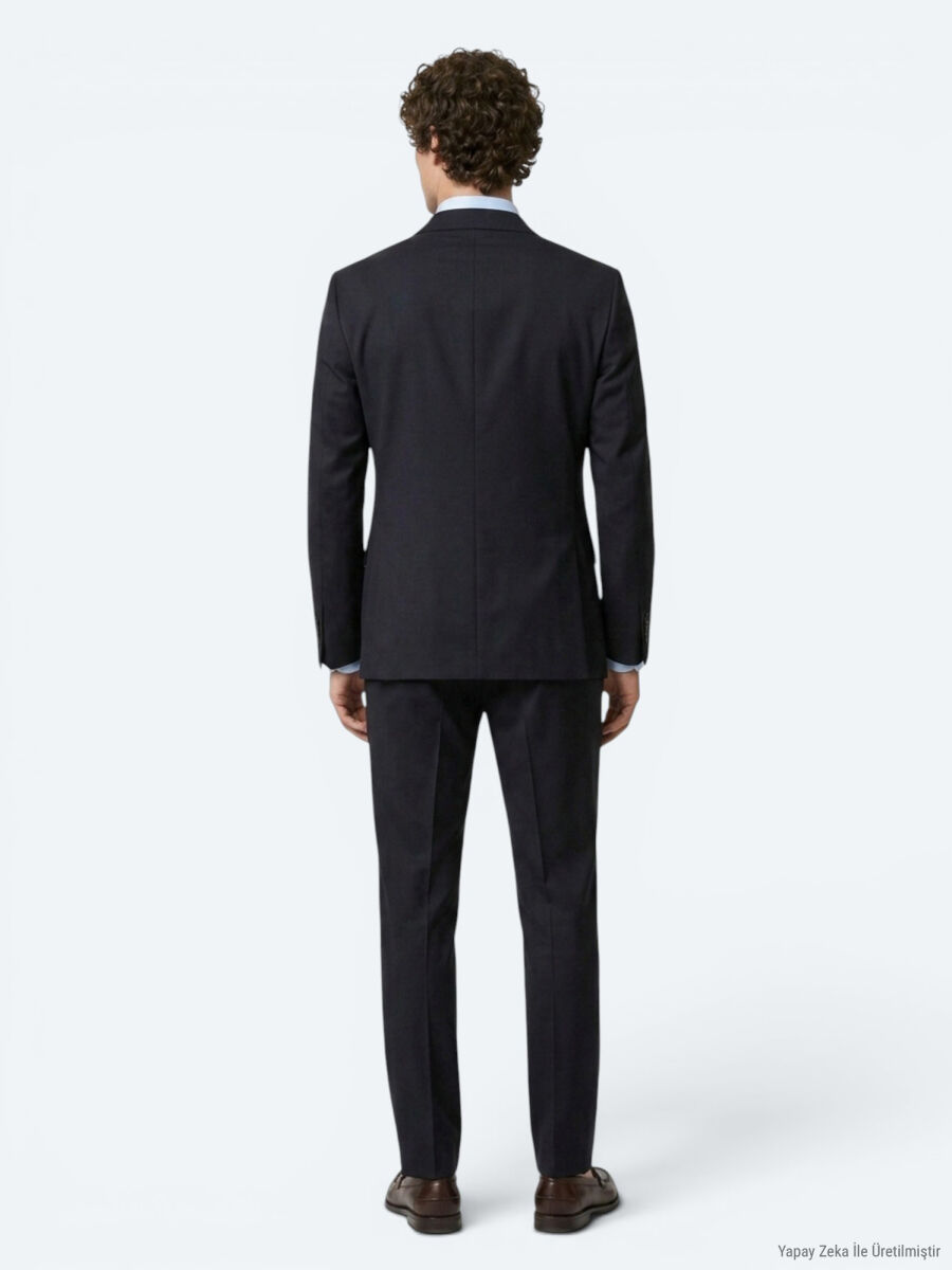 Lacivert Düz Modern Fit Yün Karışımlı Takım Elbise - 5