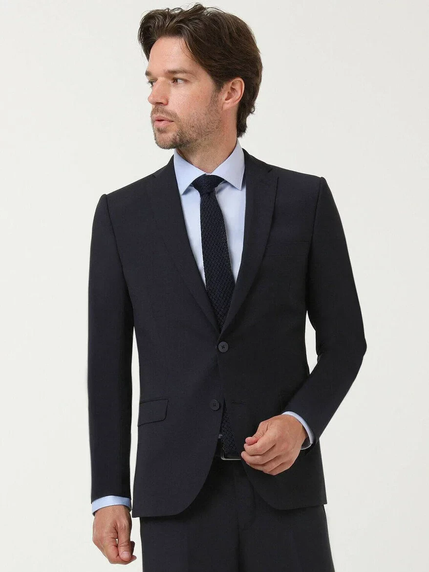 Lacivert Düz Modern Fit Yün Karışımlı Takım Elbise - KİP