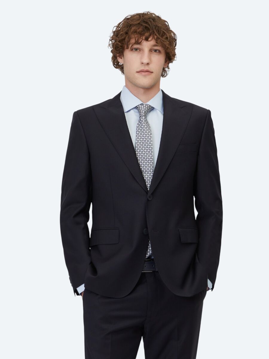 Lacivert Düz Modern Fit Yün Karışımlı Takım Elbise - 1