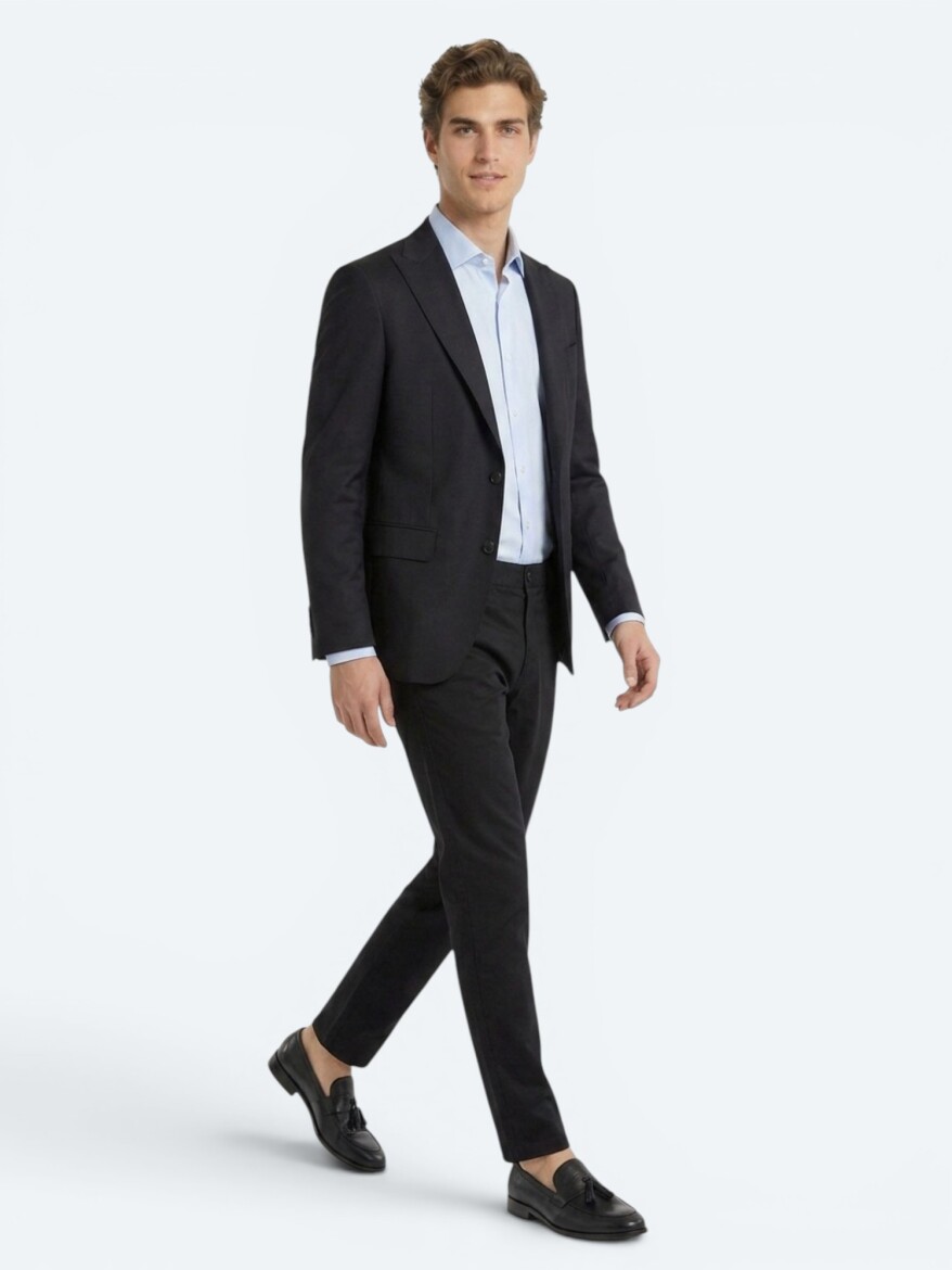 Lacivert Düz Modern Fit Yün Karışımlı Takım Elbise - KİP