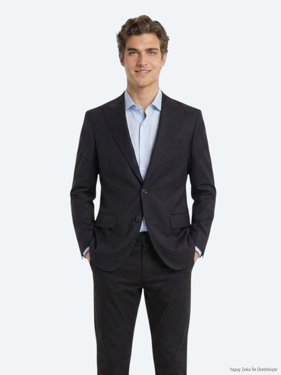 Lacivert Düz Modern Fit Yün Karışımlı Takım Elbise - 1