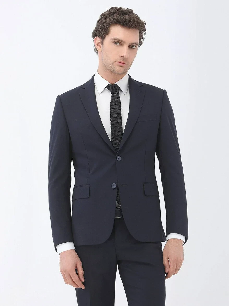 Lacivert Düz Modern Fit Yün Karışımlı Takım Elbise - 1