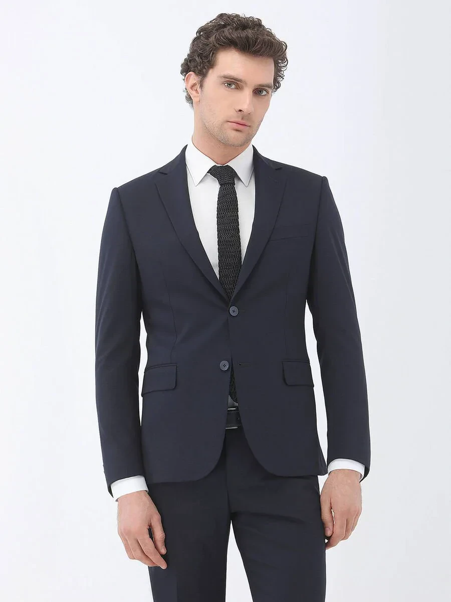 Lacivert Düz Modern Fit Yün Karışımlı Takım Elbise - 1