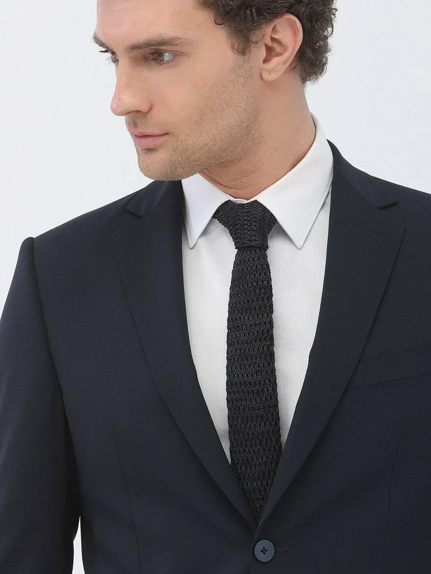 Lacivert Düz Modern Fit Yün Karışımlı Takım Elbise - 3