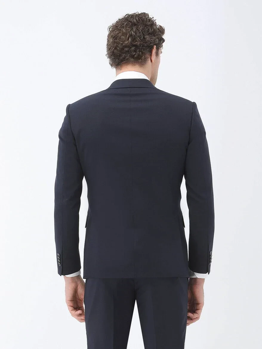 Lacivert Düz Modern Fit Yün Karışımlı Takım Elbise - 7