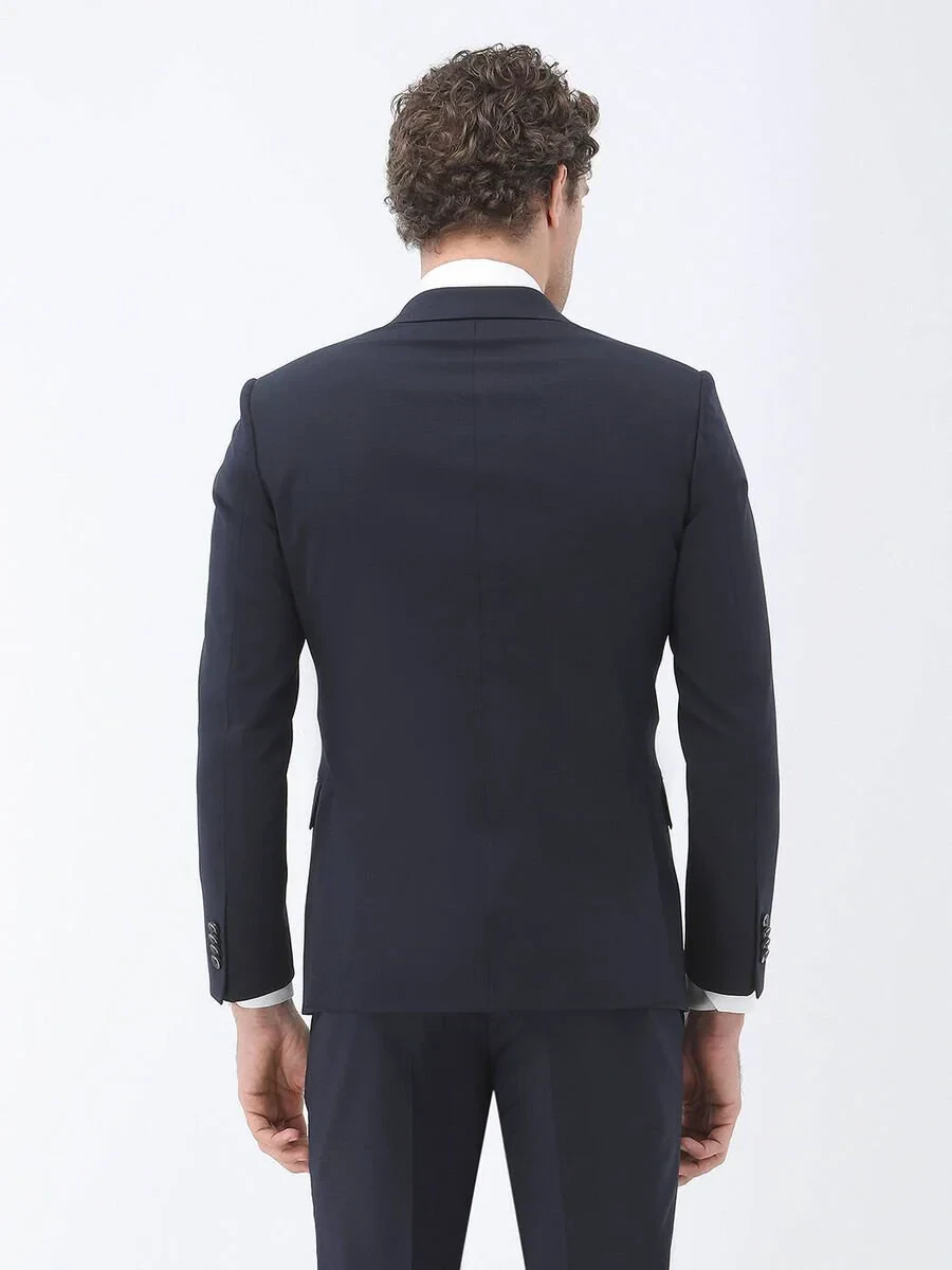Lacivert Düz Modern Fit Yün Karışımlı Takım Elbise - 7