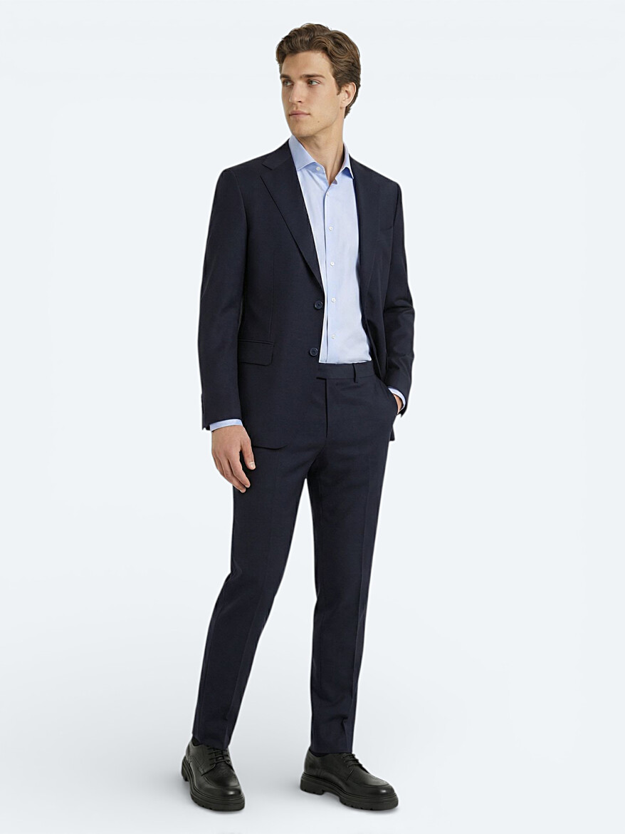 Lacivert Düz Modern Fit Yün Karışımlı Takım Elbise 