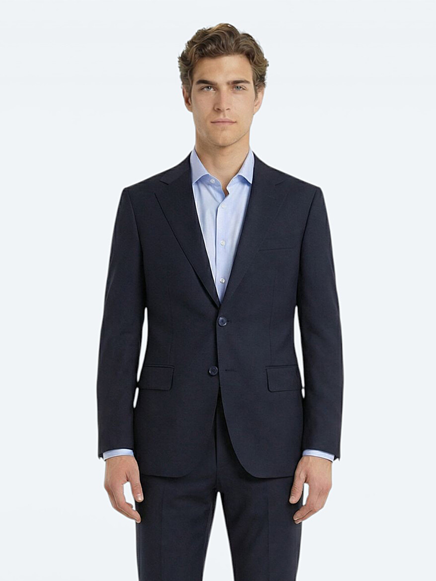 Lacivert Düz Modern Fit Yün Karışımlı Takım Elbise - 2