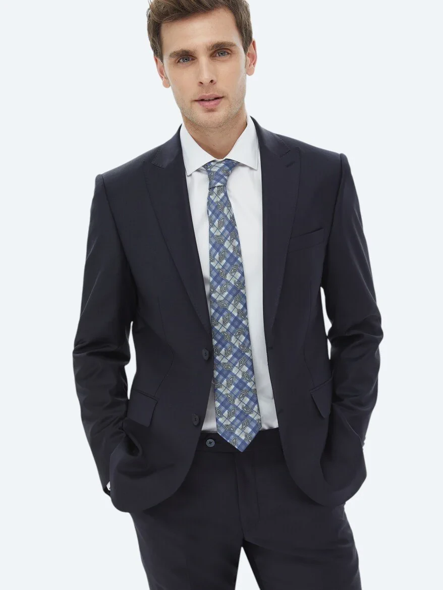 Lacivert Düz Modern Fit Yün Karışımlı Takım Elbise - 2