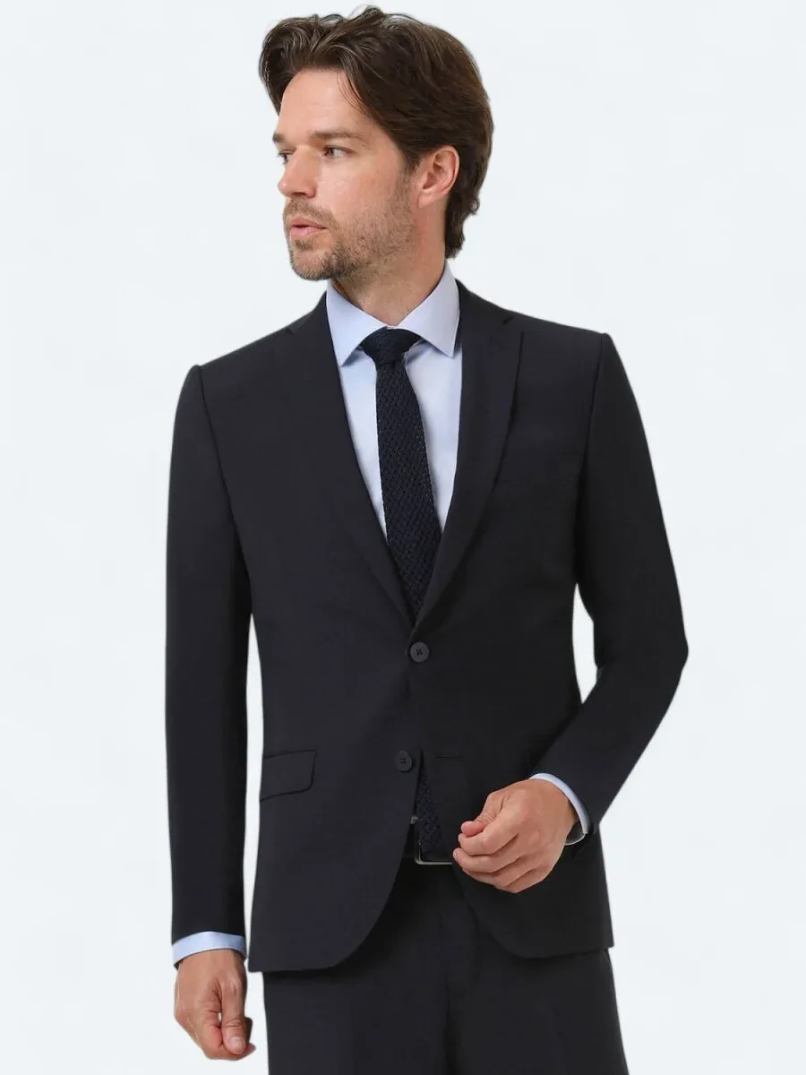 Lacivert Düz Modern Fit Yün Karışımlı Takım Elbise - 1