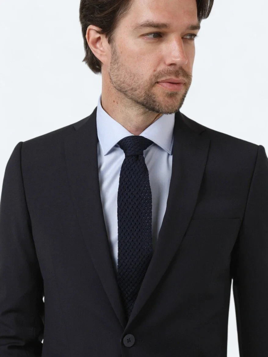 Lacivert Düz Modern Fit Yün Karışımlı Takım Elbise - 2