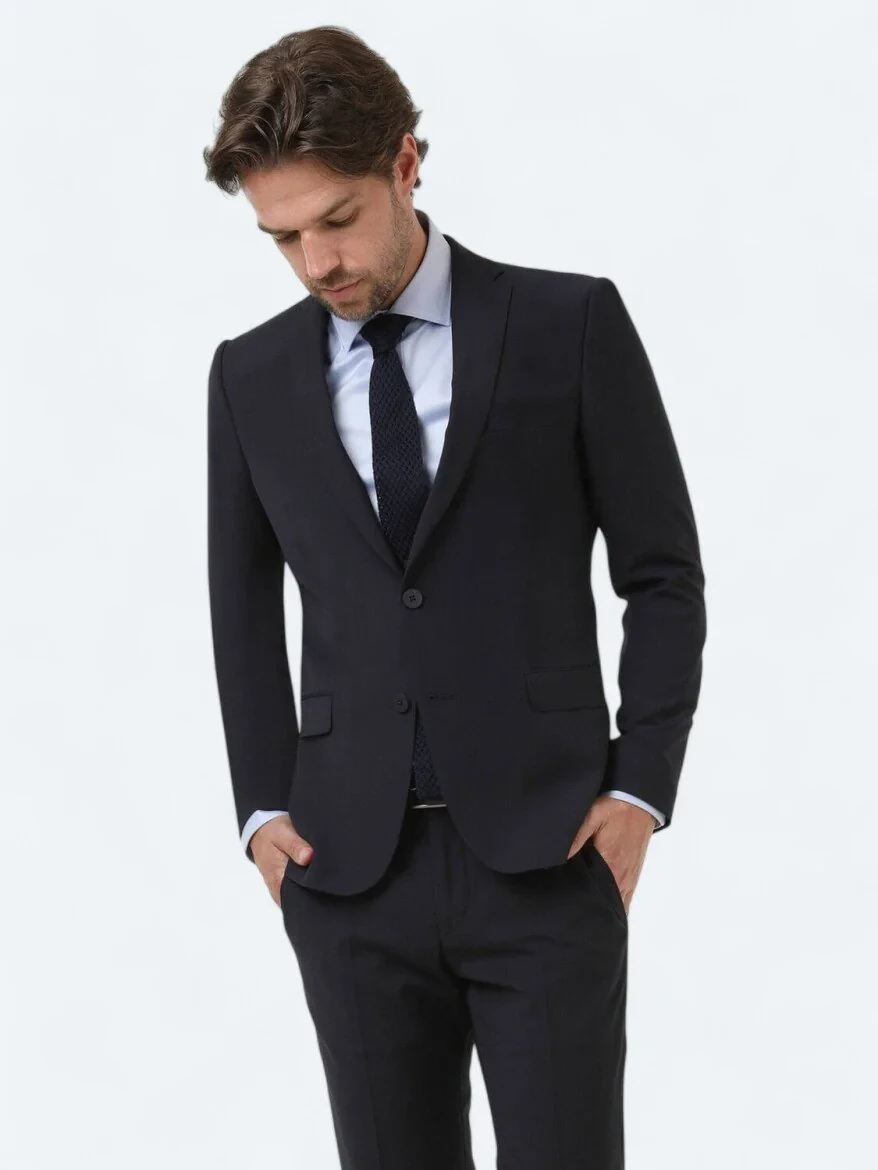 Lacivert Düz Modern Fit Yün Karışımlı Takım Elbise - 3
