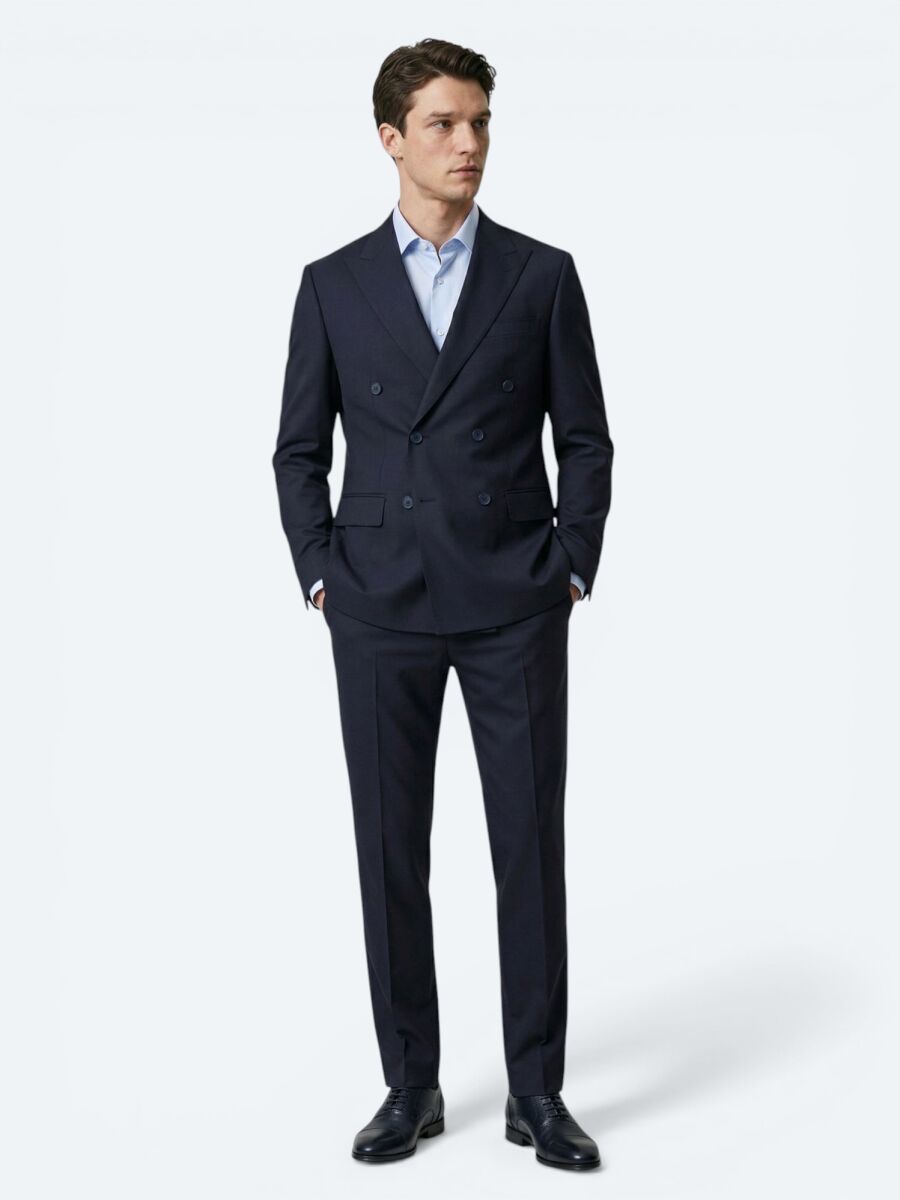 Lacivert Düz Modern Fit Yün Karışımlı Takım Elbise - 4