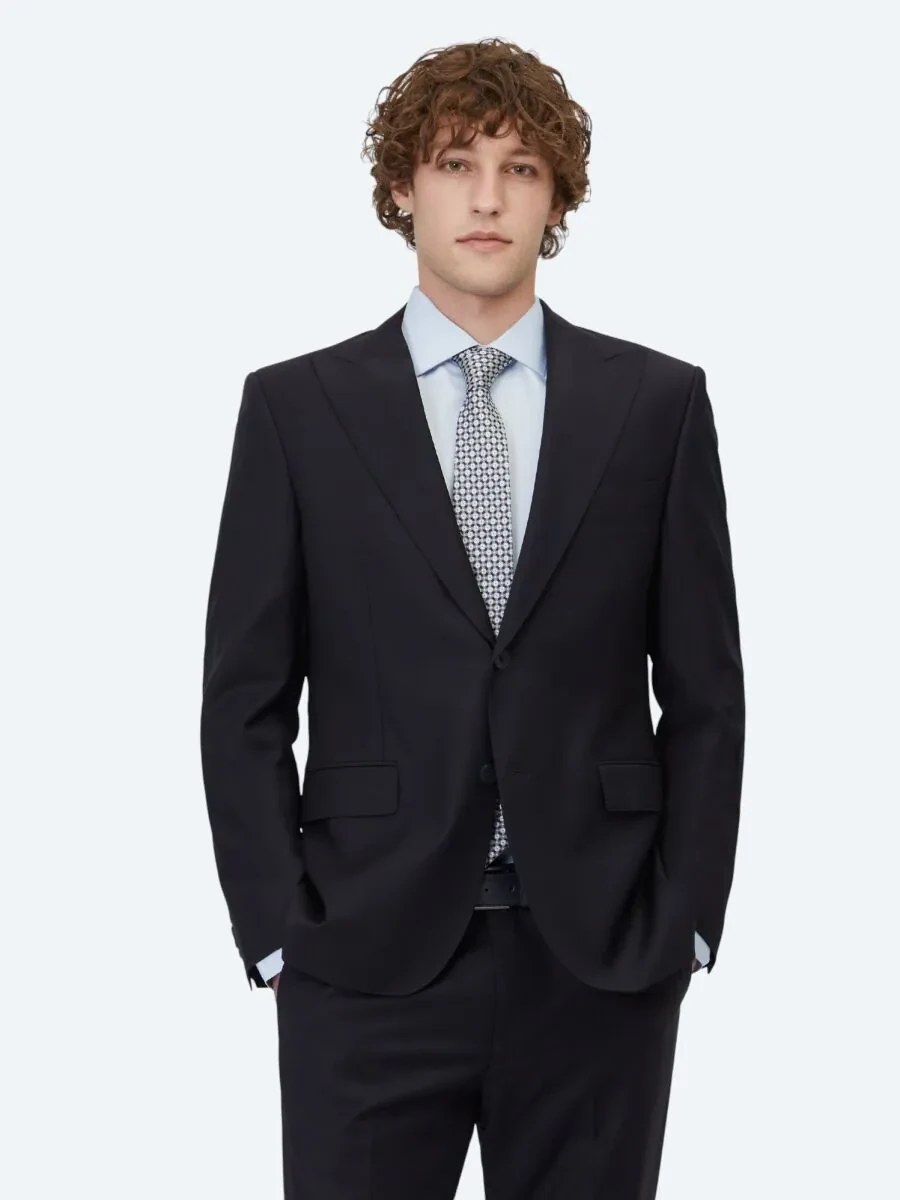 Lacivert Düz Modern Fit Yün Karışımlı Takım Elbise - 1