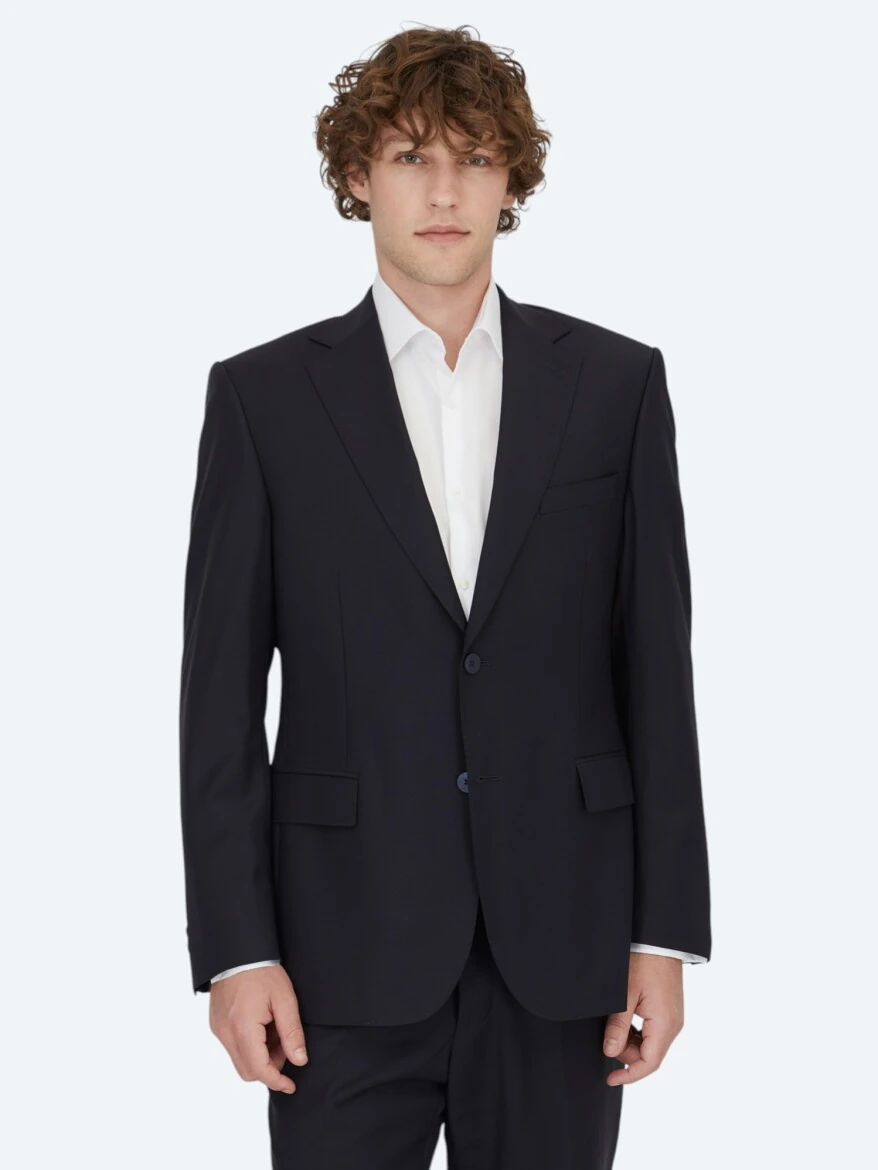 Lacivert Düz Modern Fit Yün Karışımlı Takım Elbise - KİP