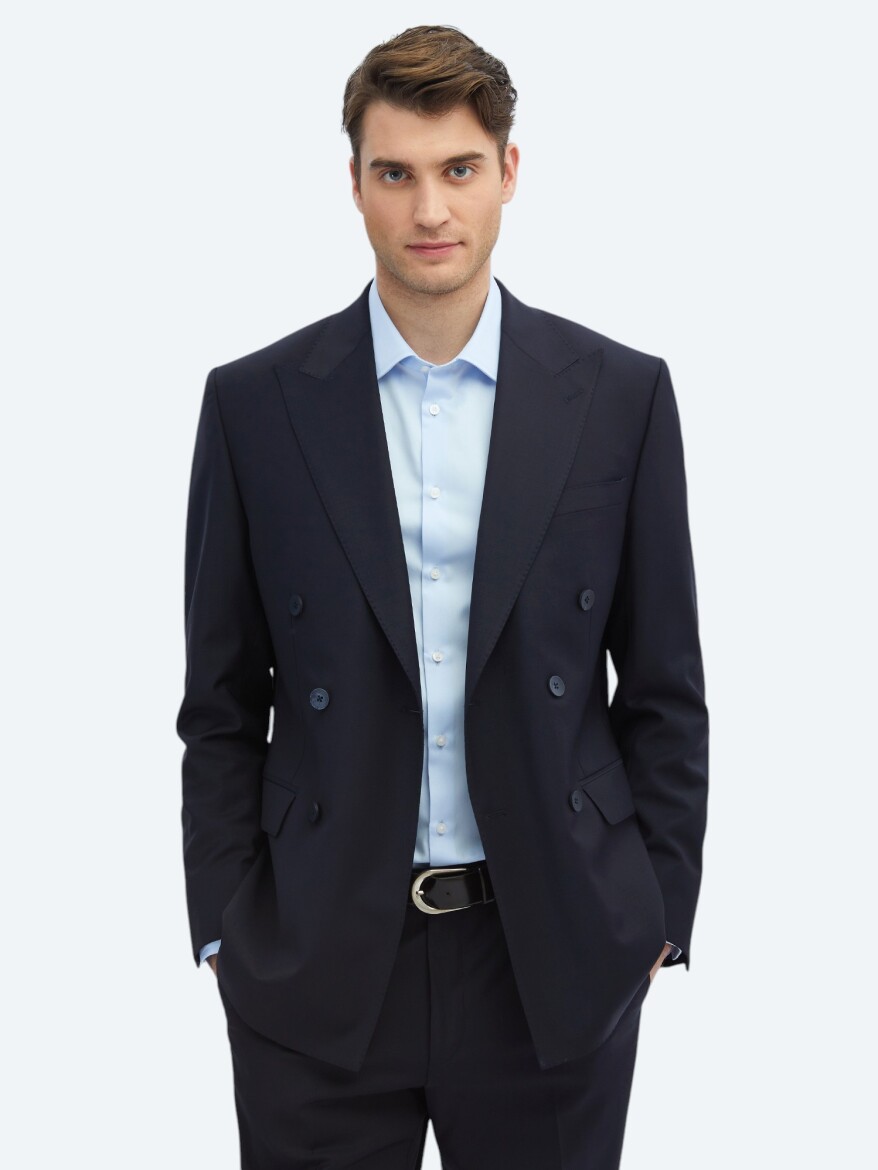 Lacivert Düz Modern Fit Yün Karışımlı Takım Elbise - 1