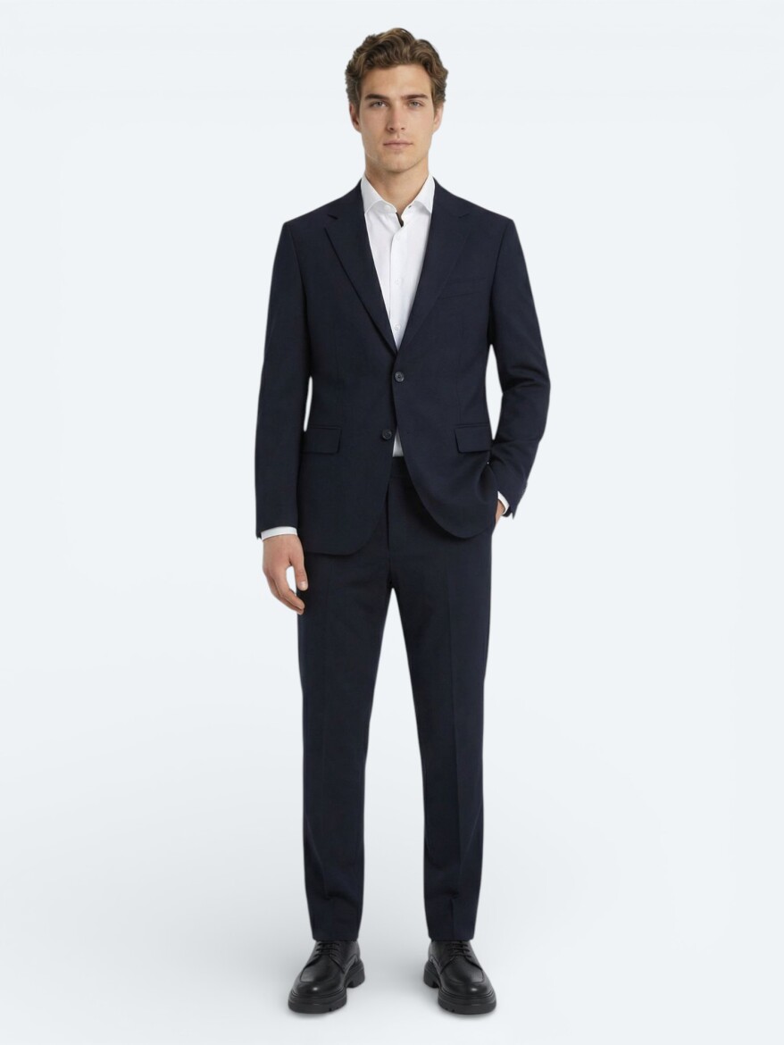 Lacivert Düz Modern Fit Yün Karışımlı Takım Elbise - 3