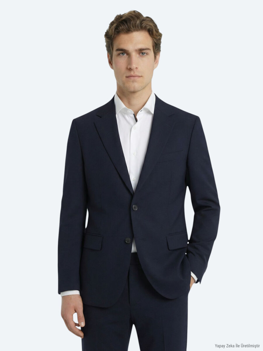 Lacivert Düz Modern Fit Yün Karışımlı Takım Elbise - 1