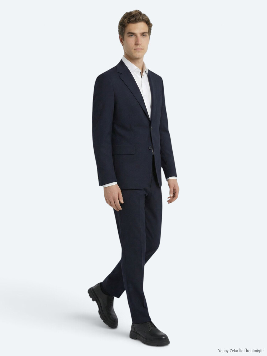 Lacivert Düz Modern Fit Yün Karışımlı Takım Elbise - KİP
