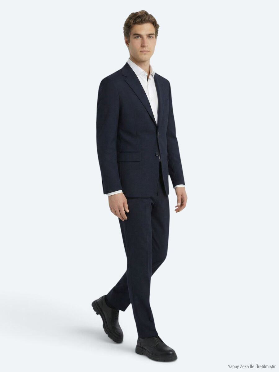 Lacivert Düz Modern Fit Yün Karışımlı Takım Elbise - 2