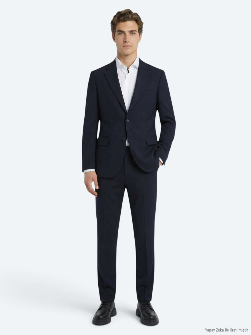 Lacivert Düz Modern Fit Yün Karışımlı Takım Elbise - 3