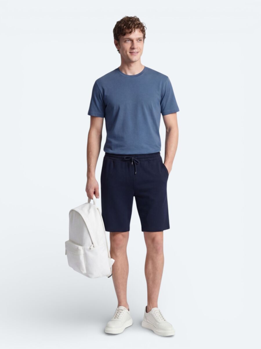 Lacivert Düz Örme Regular Fit Casual Bermuda - 4