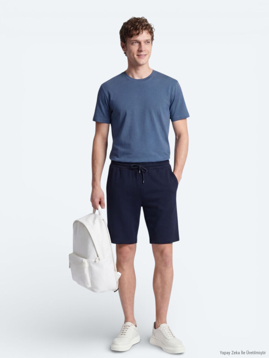 Lacivert Düz Örme Regular Fit Casual Bermuda - 4