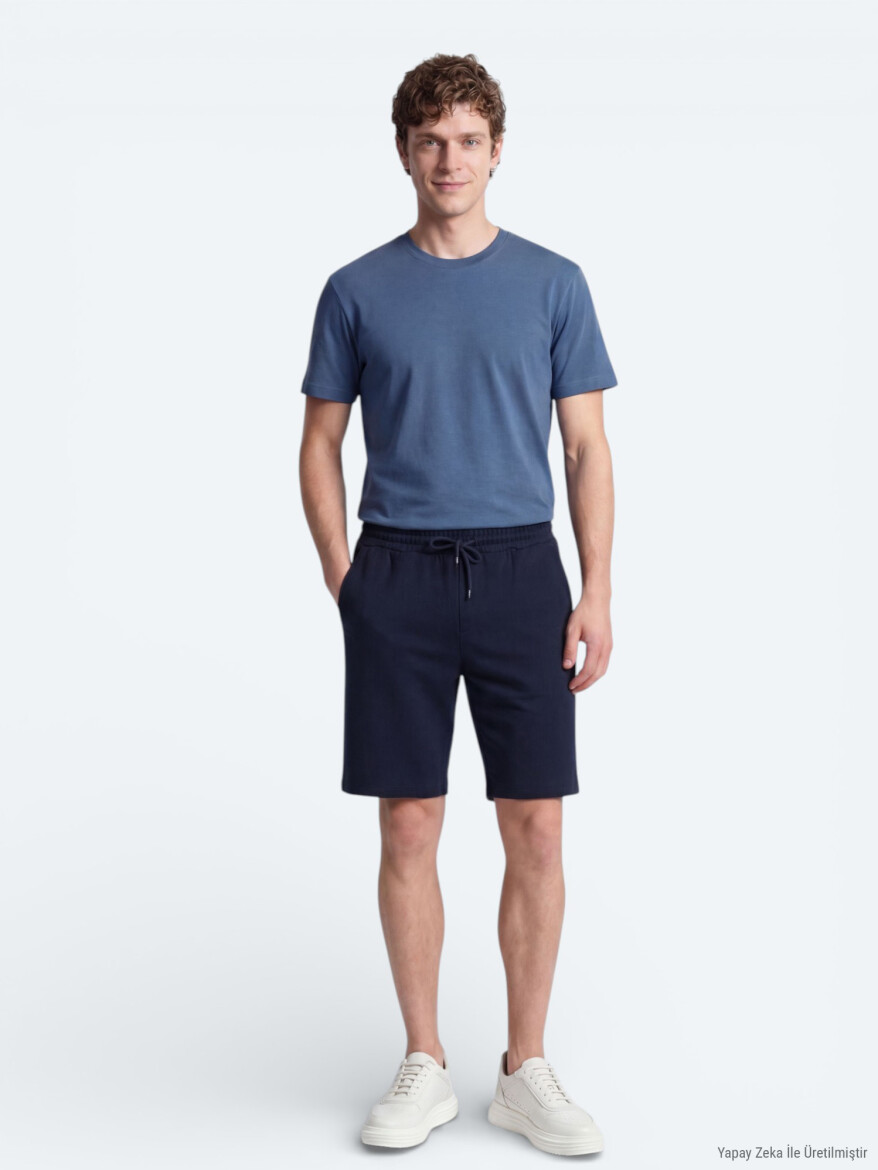 Lacivert Düz Örme Regular Fit Casual Bermuda - 5