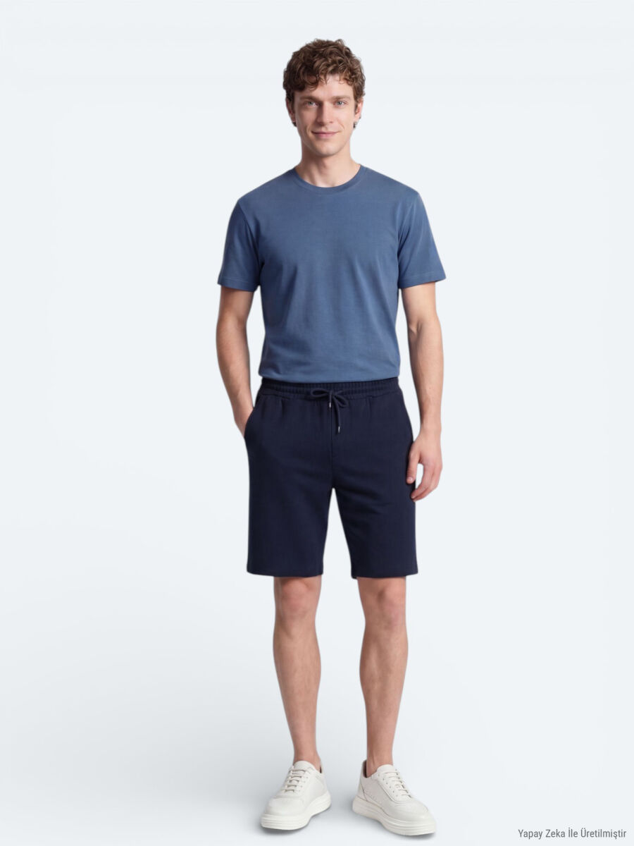 Lacivert Düz Örme Regular Fit Casual Bermuda - 5
