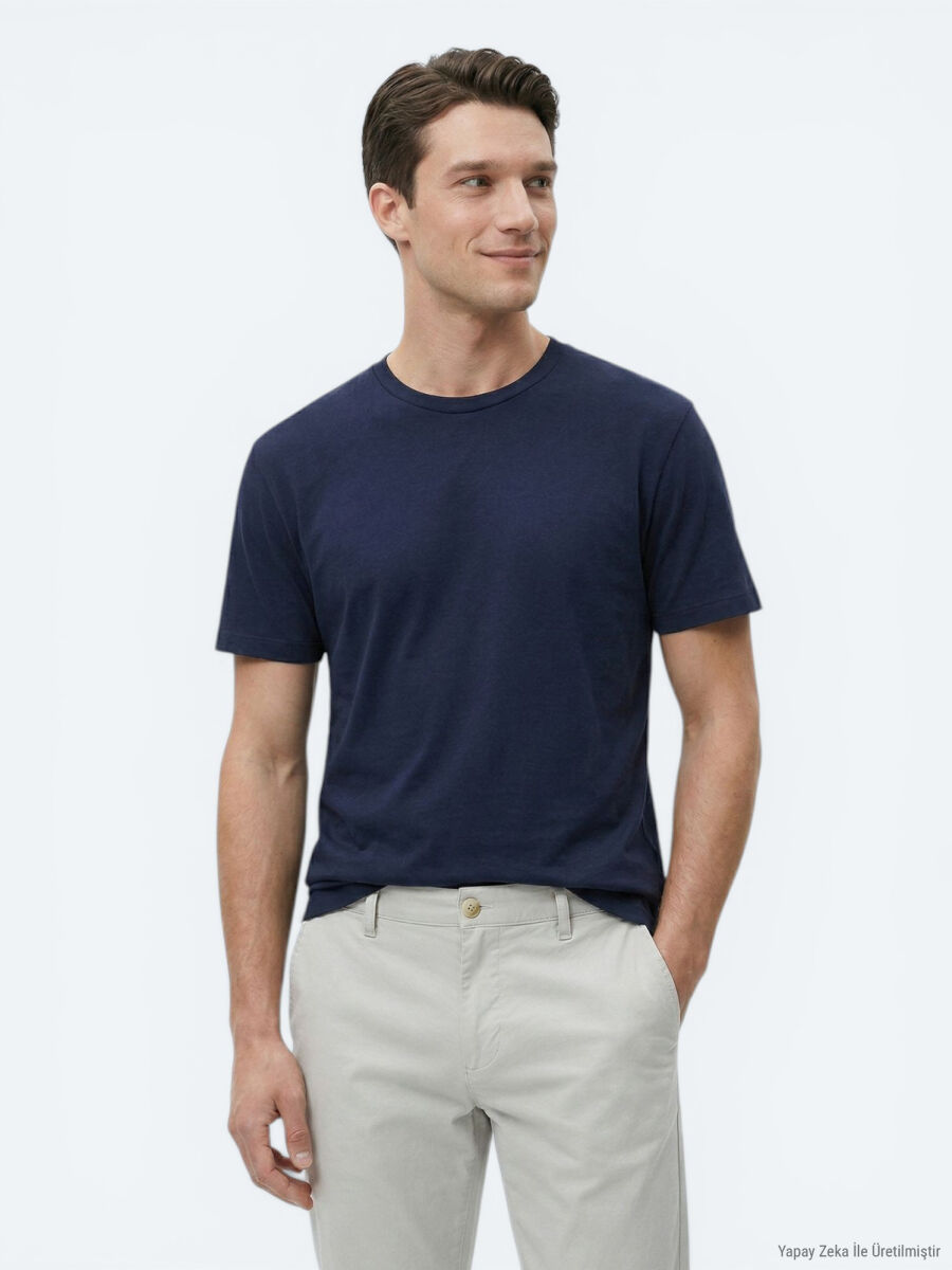 Lacivert Düz Pamuk Karışımlı T-Shirt - 2
