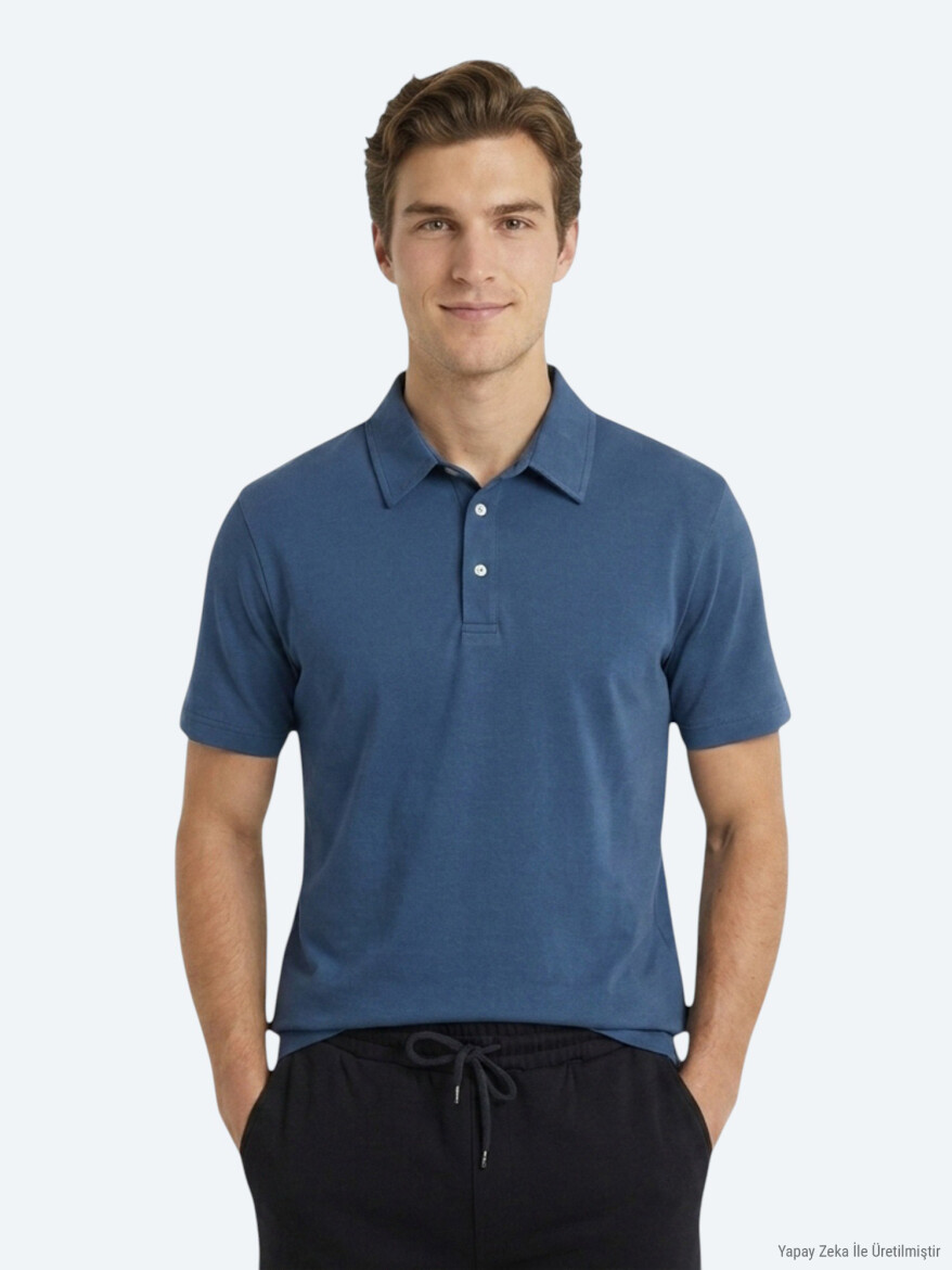 Lacivert Düz Pamuk Karışımlı T-Shirt - KİP