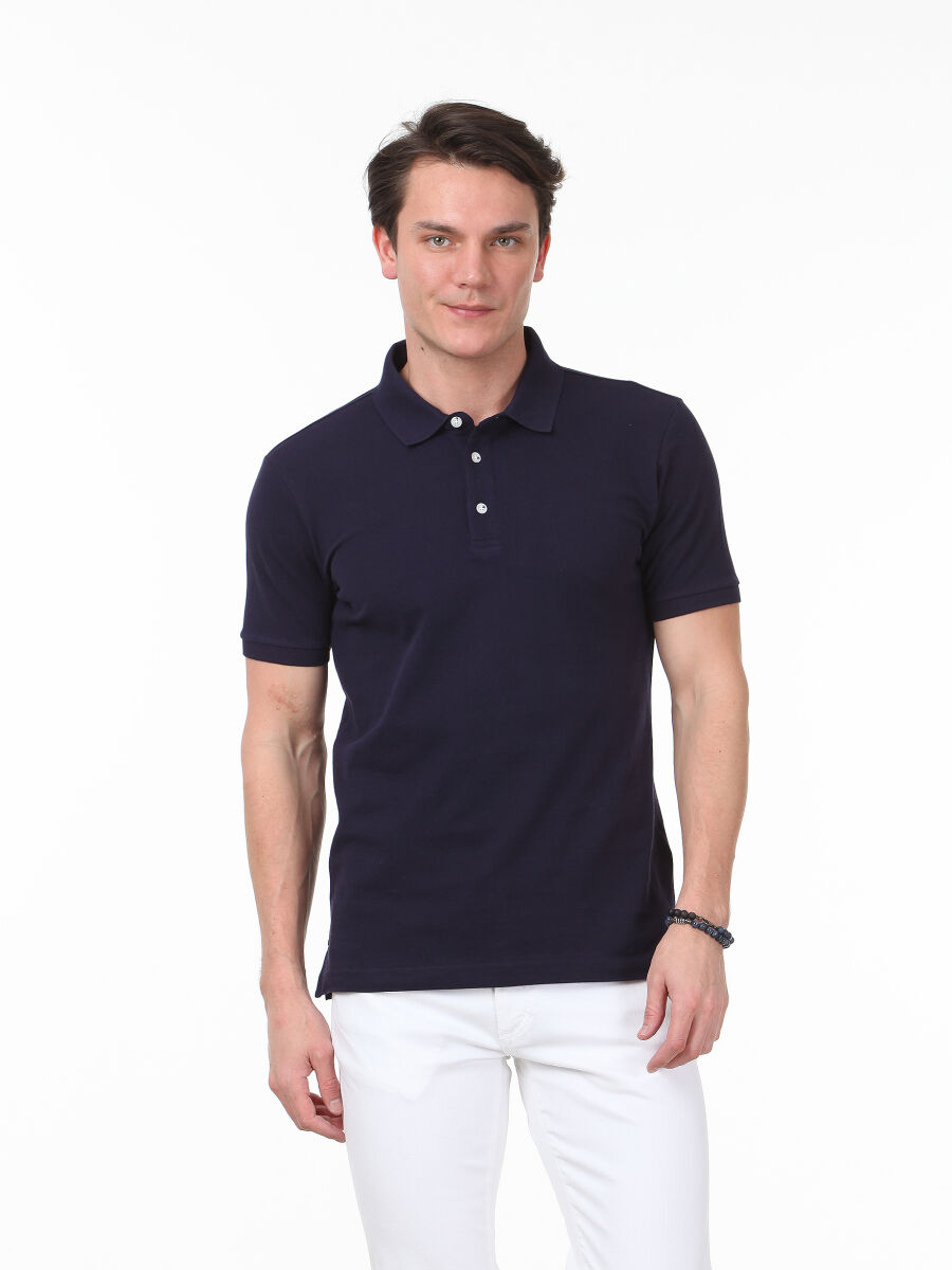 Lacivert Düz Polo Yaka %100 Pamuk T-Shirt - 1