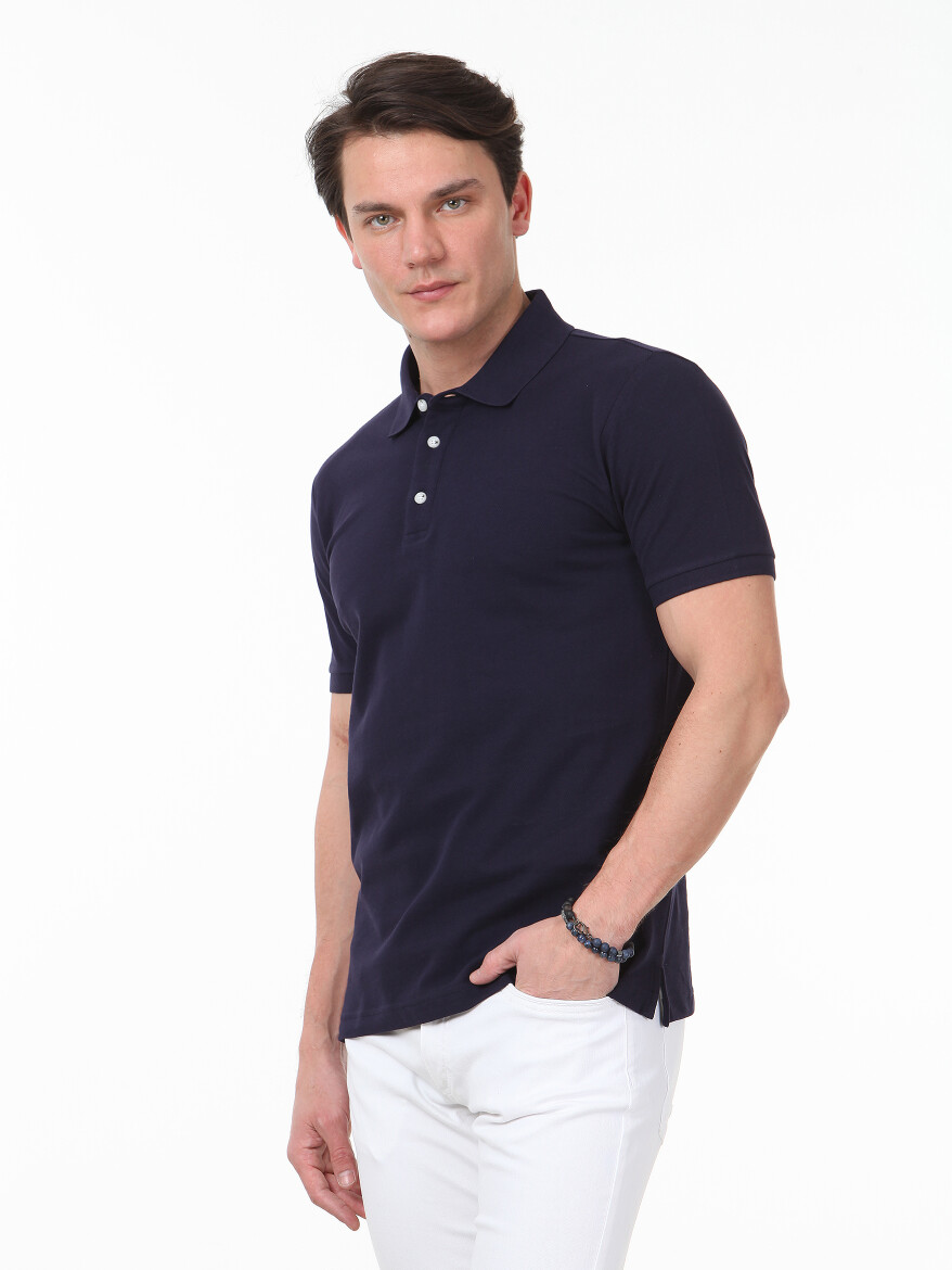 Lacivert Düz Polo Yaka %100 Pamuk T-Shirt - 3