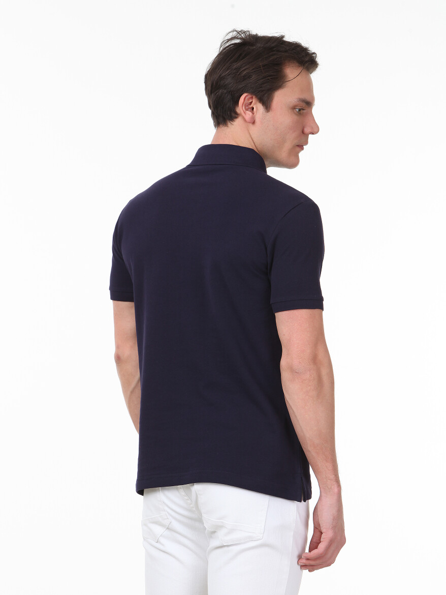 Lacivert Düz Polo Yaka %100 Pamuk T-Shirt - 4