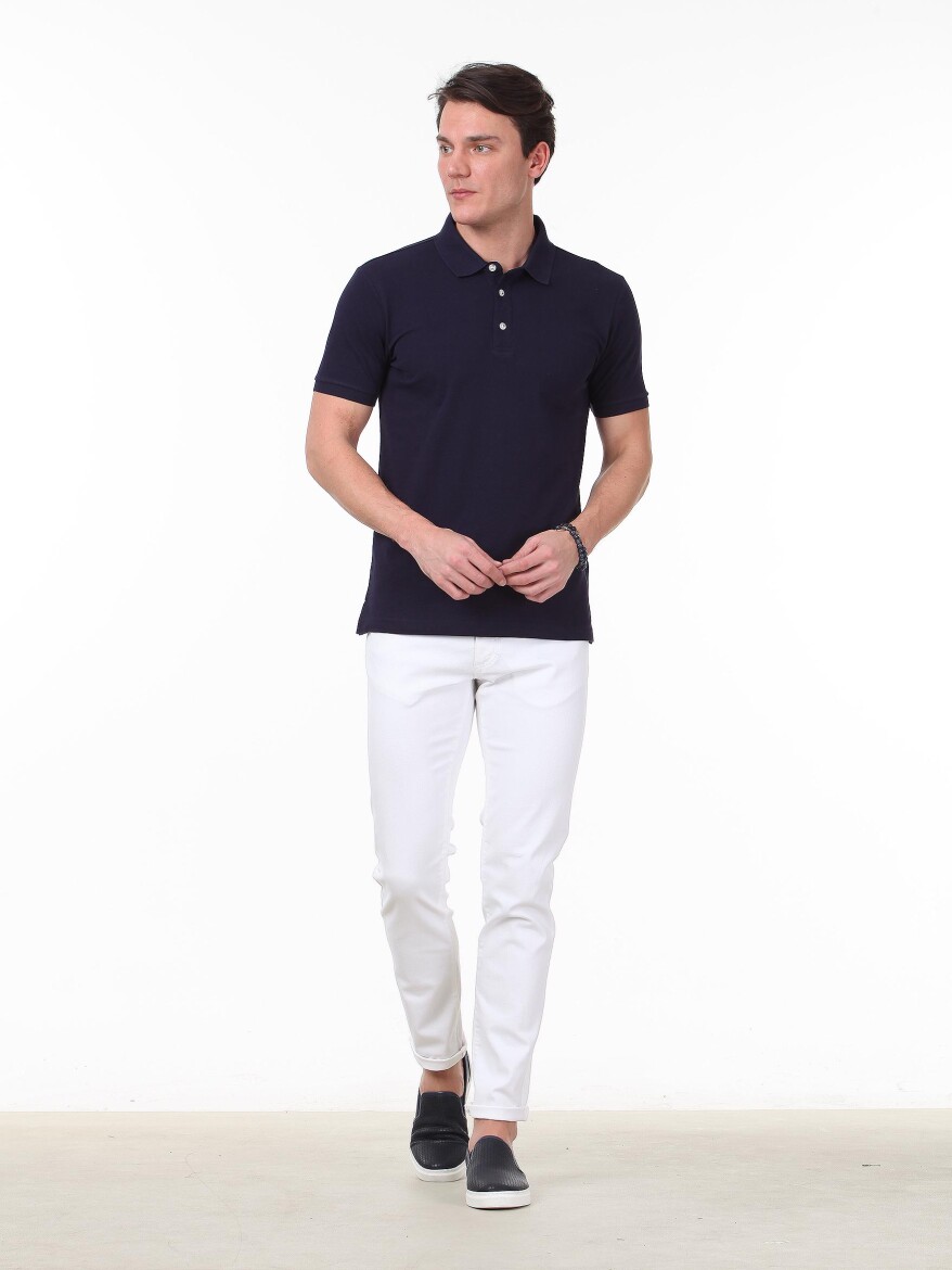 Lacivert Düz Polo Yaka %100 Pamuk T-Shirt - 3
