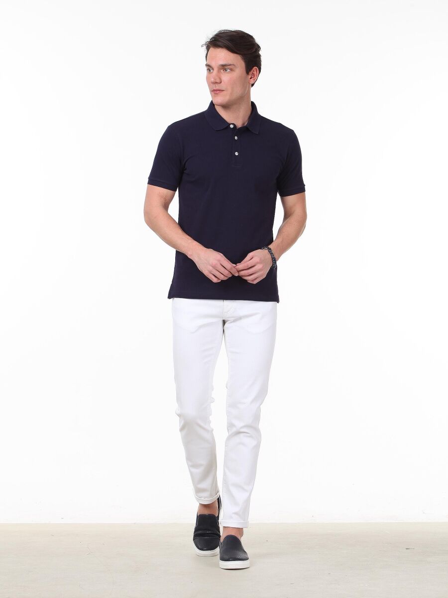 Lacivert Düz Polo Yaka %100 Pamuk T-Shirt - 3
