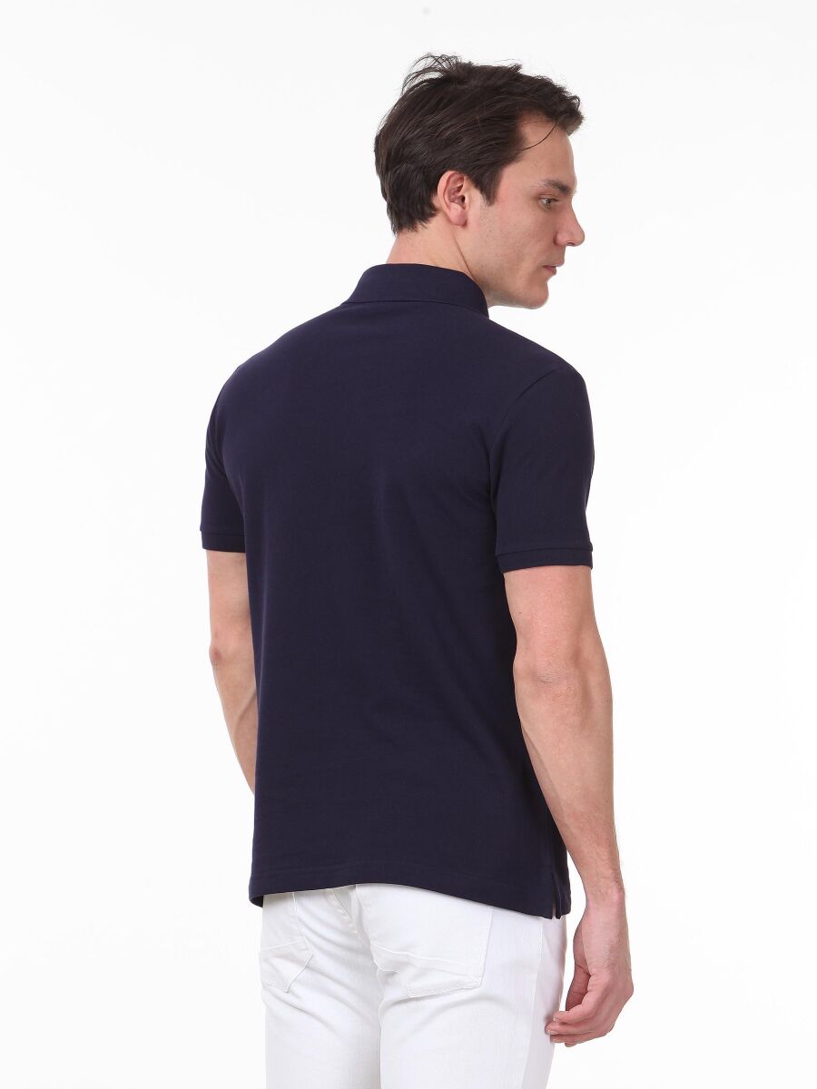 Lacivert Düz Polo Yaka %100 Pamuk T-Shirt - 4