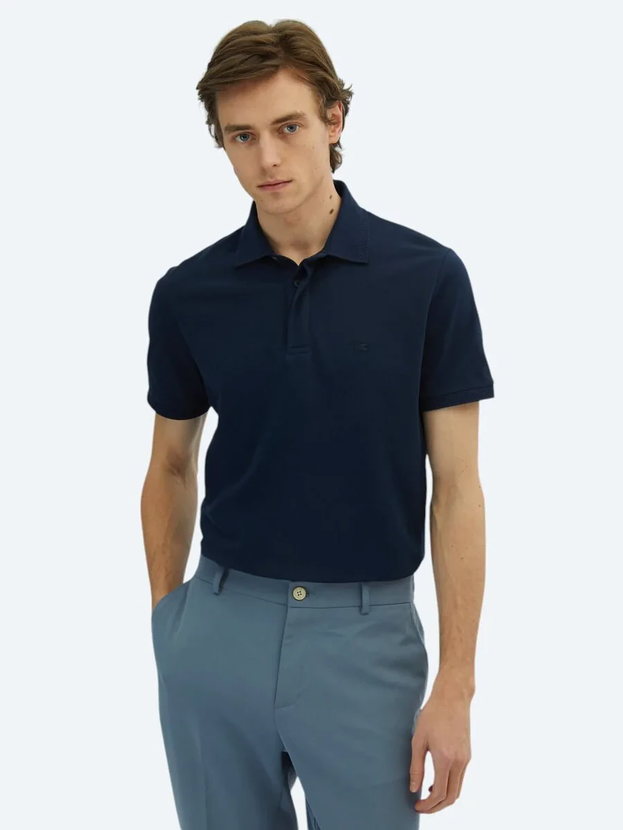 Lacivert Düz Polo Yaka %100 Pamuk T-Shirt - 1