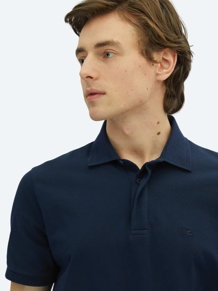 Lacivert Düz Polo Yaka %100 Pamuk T-Shirt - 3